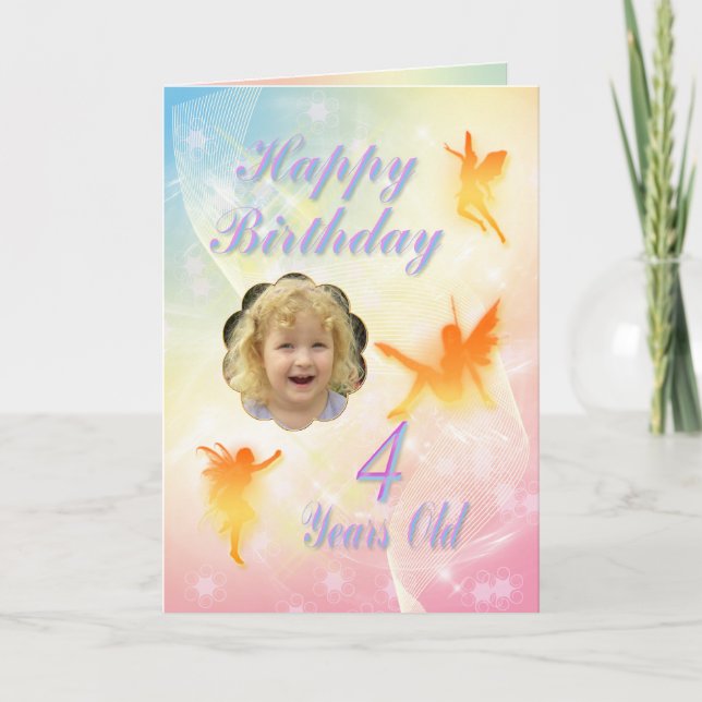 Cartão de aniversário de fada de flores com 4 anos (Frente)