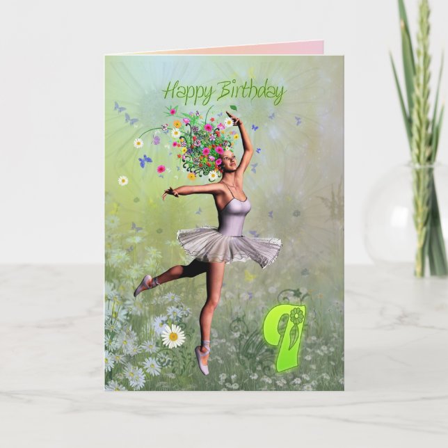 Cartão de aniversário de fada de flores com 9 anos (Frente)
