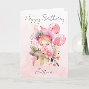 Cartão de Aniversário de Fada Floral em Aquarela