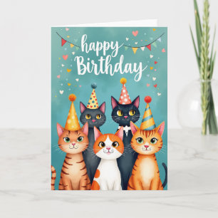Cartão de Aniversário de Felinos Festivos