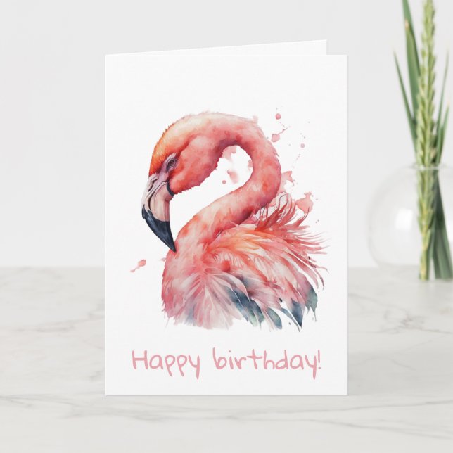 Cartão de aniversário de flamingo de aquarela rosa (Frente)