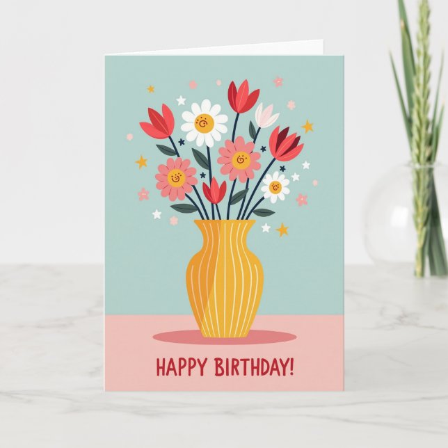 Cartão de Aniversário de Flores Sorridente (Frente)