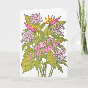 Cartão de Aniversário de Flores Tropicais com Lett