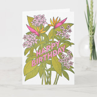 Cartão de Aniversário de Flores Tropicais com Lett