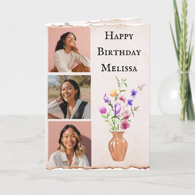 Cartão de Aniversário de Foto com Flores de Aquare (Frente)