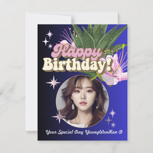 Cartão de aniversário de foto minimalista azul per (Frente)