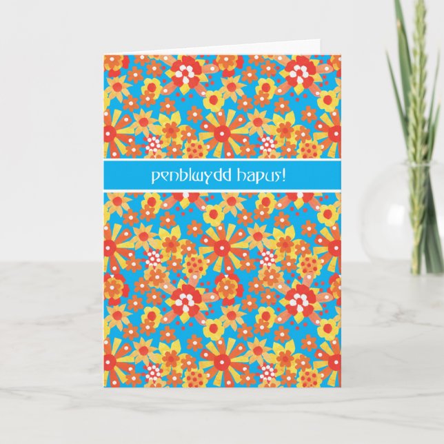 Cartão de aniversário de Galês, flores da laranja (Frente)