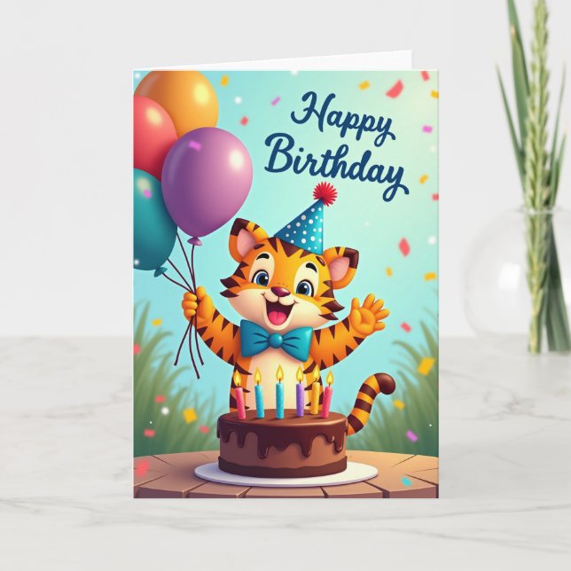 Cartão de Aniversário de Gato Balão (Frente)
