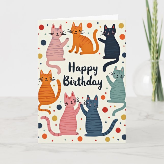 Cartão de Aniversário de Gato com Bolinhas (Frente)