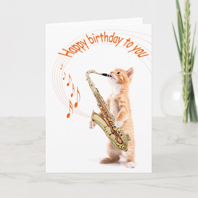 Cartão de aniversário de gato com saxofone (Frente)