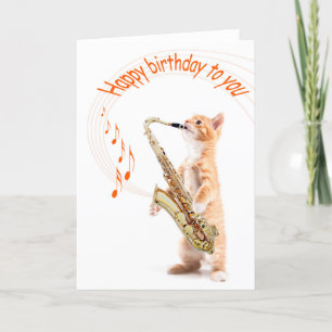 Cartão de aniversário de gato com saxofone