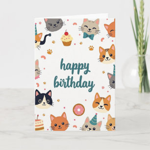 Cartão de aniversário de gato de arte plana