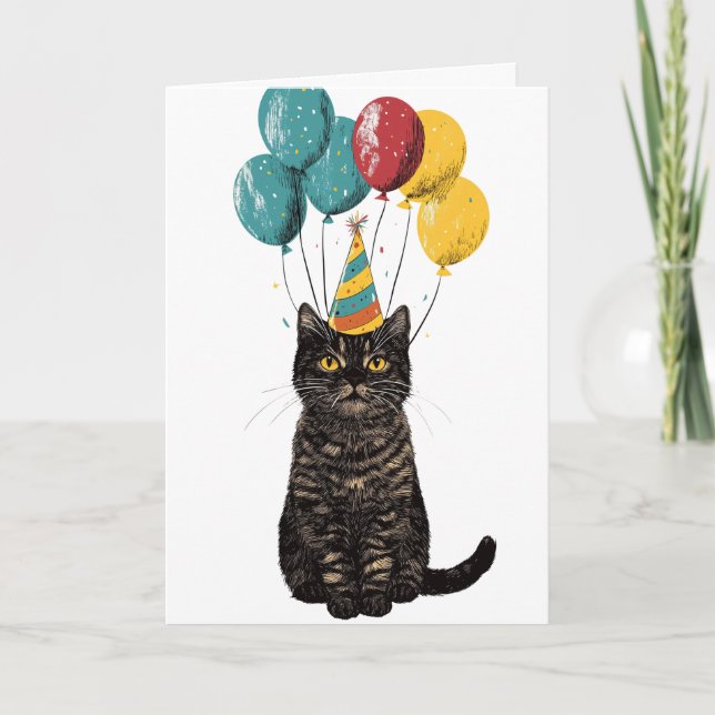 Cartão de Aniversário de Gato de Festa - Gato Pret (Frente)