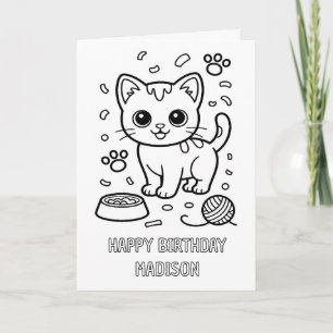 cartão de aniversário de gato dobrado para colorir