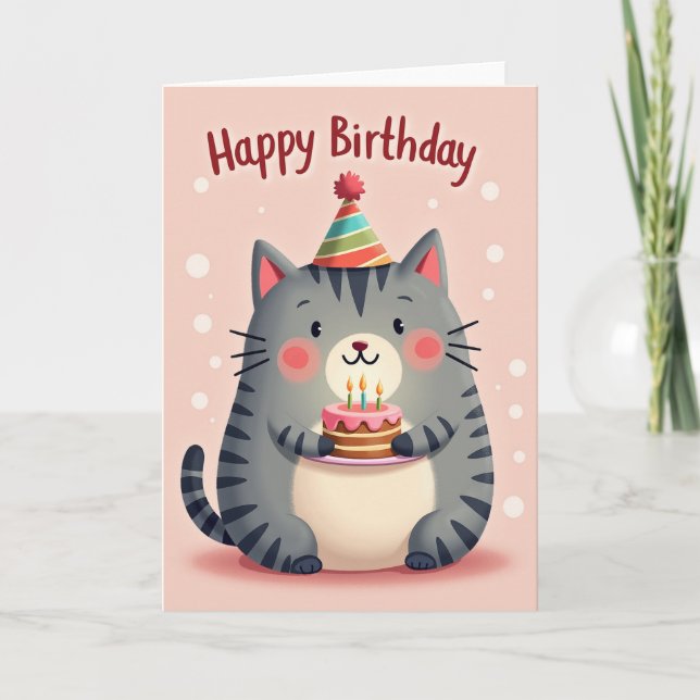 Cartão de Aniversário de Gato Rosa (Frente)