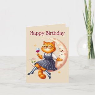 Cartão de Aniversário de Gato Ruivo e Vinho
