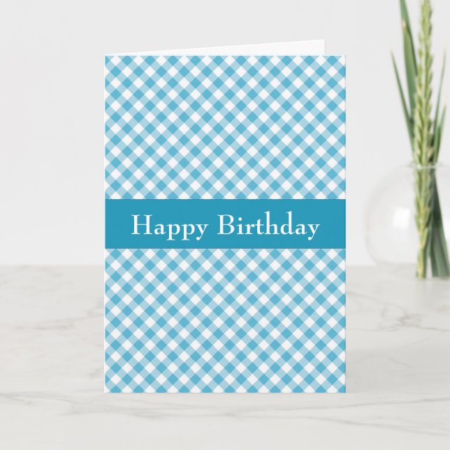 Cartão de Aniversário de Gingham Azul Bonito (Frente)
