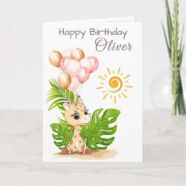 Cartão de aniversário de girafa em aquarela com no