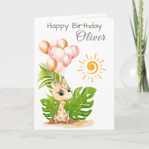 Cartão de aniversário de girafa em aquarela com no