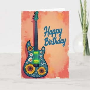 Cartão de Aniversário de Guitarra Floral Alegre