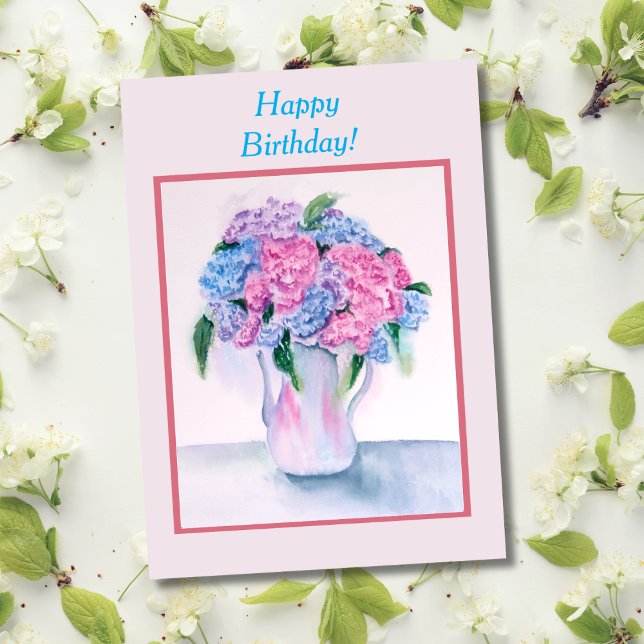 Cartão de Aniversário de Hidrangea em Aquarela (A fan of watercolor and hydrangeas this card will be the perfect way to say, Happy birthday!)
