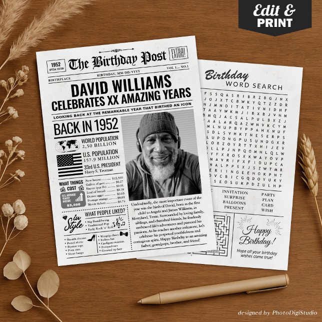 Cartão de aniversário de jornal de 1952, Trend (Custom Back in 1952 Newspaper Birthday Card, Trend Holiday Card)