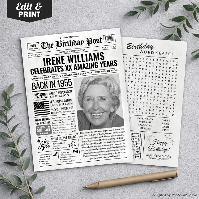 Cartão de aniversário de jornal de 1955, Trend (Custom Back in 1955 Newspaper Birthday Card, Trend Holiday Card)