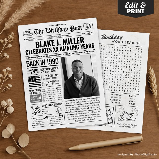 Cartão de aniversário de jornal de 1990, Trend (Custom Back in 1990 Newspaper Birthday Card, Trend Holiday Card)