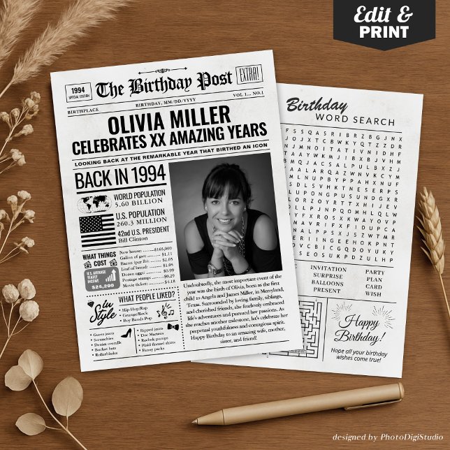 Cartão de aniversário de jornal de 1994, Trend (Custom Back in 1994 Newspaper Birthday Card, Trend Holiday Card)