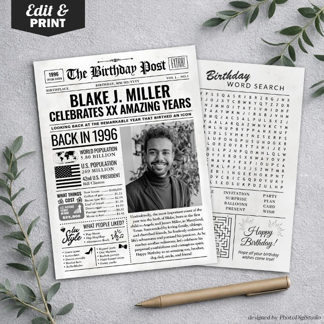 Cartão de aniversário de jornal de 1996, Trend (Custom Back in 1996 Newspaper Birthday Card, Trend Holiday Card)