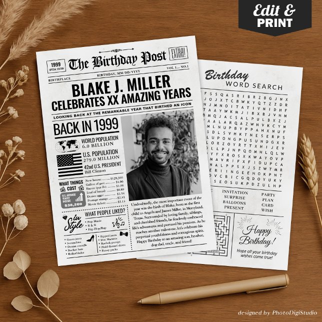 Cartão de aniversário de jornal de 1999, Trend (Custom Back in 1999 Newspaper Birthday Card, Trend Holiday Card)