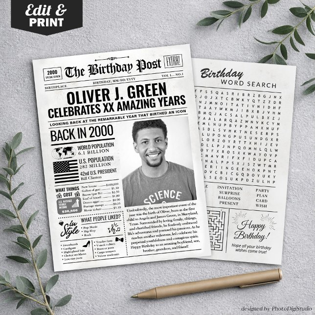 Cartão de aniversário de jornal de 2000, Trend (Custom Back in 2000 Newspaper Birthday Card, Trend Holiday Card)