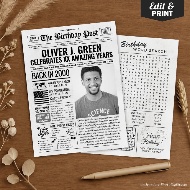 Cartão de aniversário de jornal de 2000, Trend (Custom Back in 2000 Newspaper Birthday Card, Trend Holiday Card)