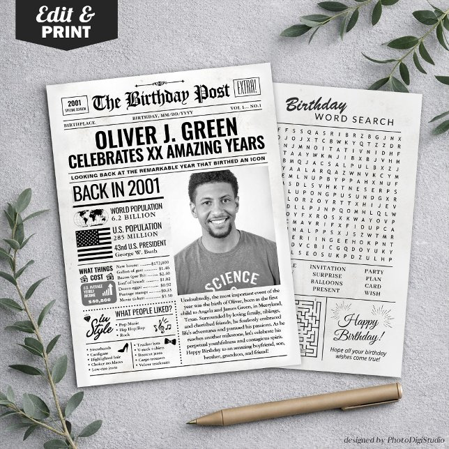 Cartão de aniversário de jornal de 2001, Trend (Custom Back in 2001 Newspaper Birthday Card, Trend Holiday Card)