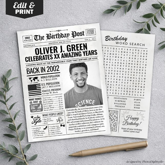 Cartão de aniversário de jornal de 2002, Trend (Custom Back in 2002 Newspaper Birthday Card, Trend Holiday Card)