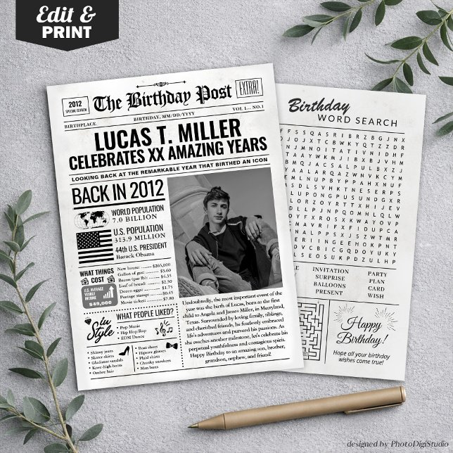 Cartão de aniversário de jornal de 2012, Trend (Custom Back in 2012 Newspaper Birthday Card, Trend Holiday Card)