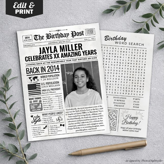 Cartão de aniversário de jornal de 2014, Trend (Custom Back in 2014 Newspaper Birthday Card, Trend Holiday Card)