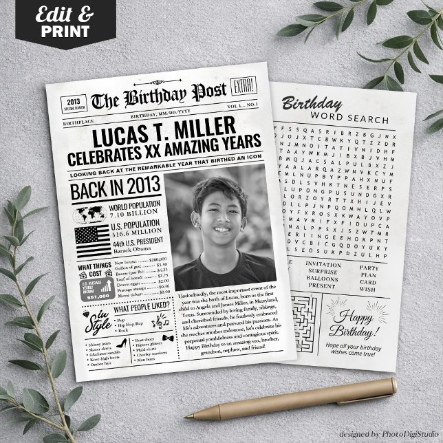 Cartão de Aniversário de Jornal Personalizado de 2 (Custom Back in 2013 Newspaper Birthday Card, Trend Holiday Card)