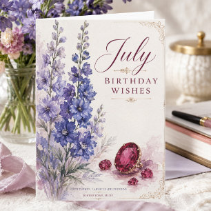 Cartão de Aniversário de Julho Elegante Floral de 
