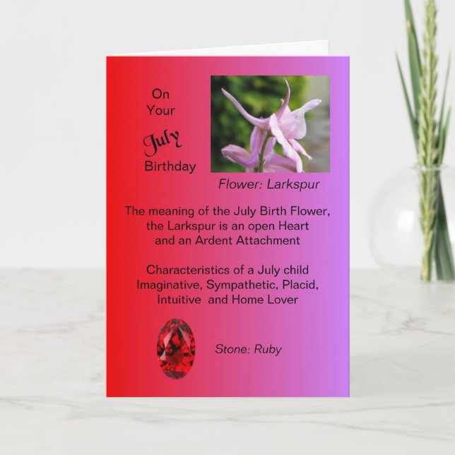 Cartão de aniversário de julho - Larkspur e Ruby (Frente)