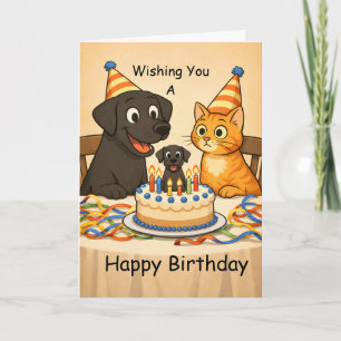 Cartão de aniversário de Labrador preto e gato – F