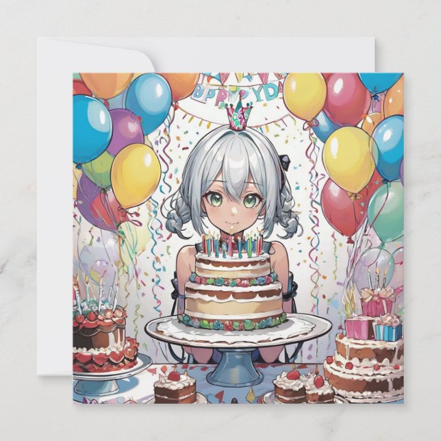 Cartão de aniversário de menina animada (Frente)