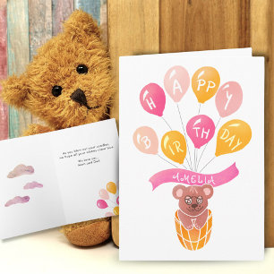 Cartão de Aniversário de Menina com Ursinho Fofo e