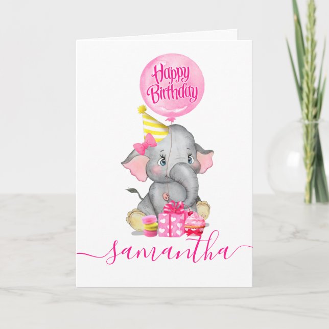 cartão de aniversário de menina elefante (Frente)