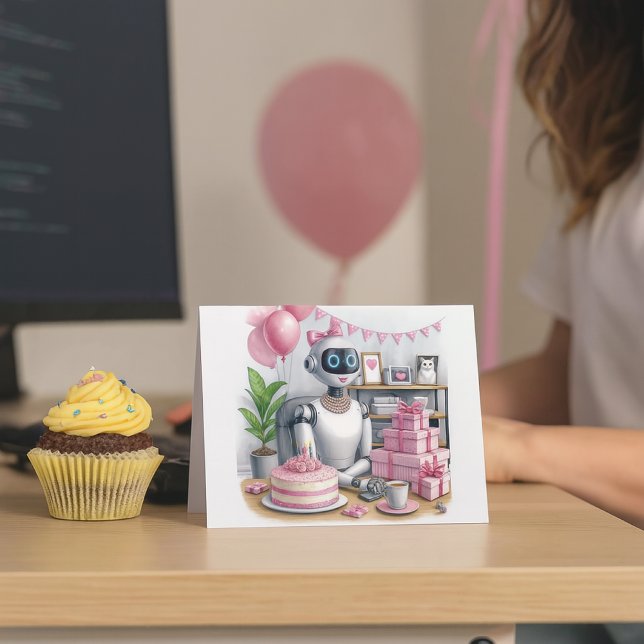 Cartão de Aniversário de Meninas Tech com Robô Bri ("Robot birthday card for girls who code—fun desk mockup card with cupcake and balloon blur.)