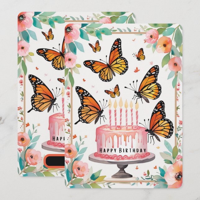 Cartão de Aniversário de Monarca e Bolo Elegante (Frente/Verso)