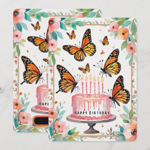 Cartão de Aniversário de Monarca e Bolo Elegante