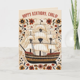 Cartão de Aniversário de Navio à Vela Editável