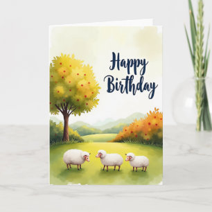 Cartão de Aniversário de Ovelhas com Aquarela Suav
