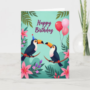 Cartão de Aniversário de Pássaros com Chapéu de Fe